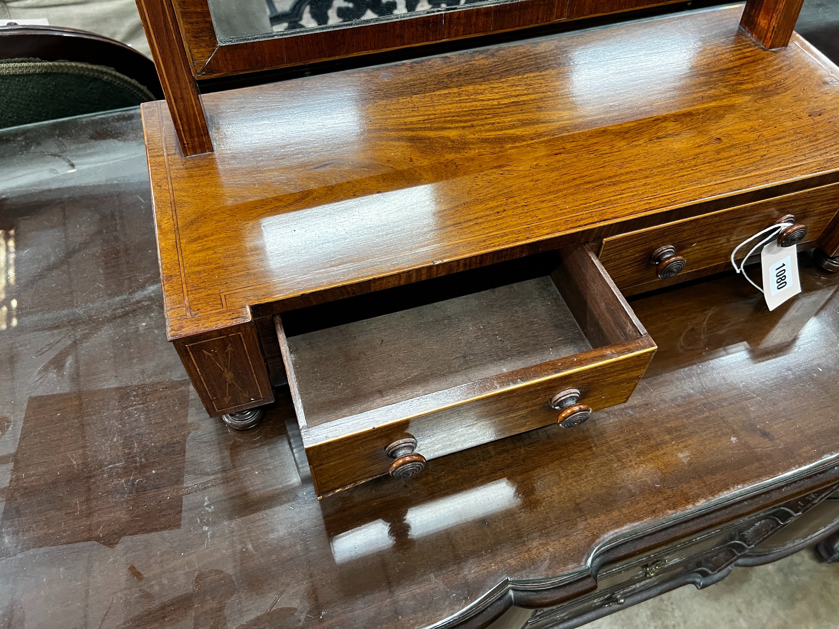 A George III inlaid mahogany toilet mirror, width 58cm, depth 24cm, height 58cm